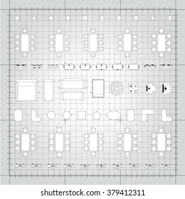 Set of simple flat vector furniture icons on blueprint technical grid background