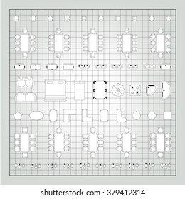 Set of simple flat vector furniture icons on blueprint technical grid background