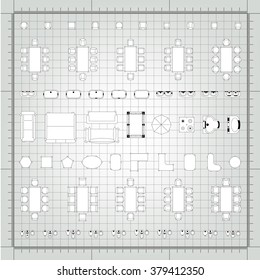 Set of simple flat vector furniture icons on blueprint technical grid background