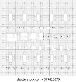 Set of simple flat vector furniture icons on blueprint technical grid background
