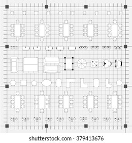 Set of simple flat vector furniture icons on blueprint technical grid background