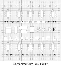 Set of simple flat vector furniture icons on blueprint technical grid background