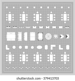 Set of simple flat vector furniture icons on blueprint technical grid background