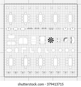 Set of simple flat vector furniture icons on blueprint technical grid background