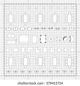 Set of simple flat vector furniture icons on blueprint technical grid background