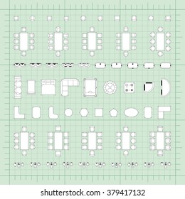Set of simple flat vector furniture icons on blueprint technical grid background