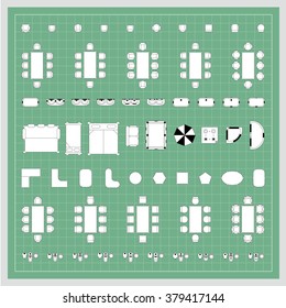 Set of simple flat vector furniture icons on blueprint technical grid background