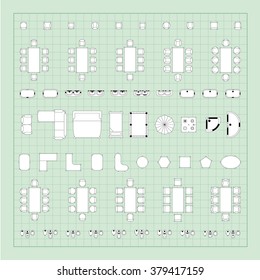 Set of simple flat vector furniture icons on blueprint technical grid background