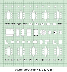 Set of simple flat vector furniture icons on blueprint technical grid background