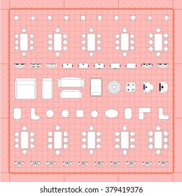 Set of simple flat vector furniture icons on blueprint technical grid background