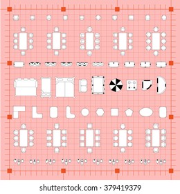 Set of simple flat vector furniture icons on blueprint technical grid background