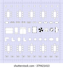 Set of simple flat vector furniture icons on blueprint technical grid background