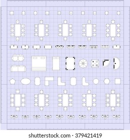 Set of simple flat vector furniture icons on blueprint technical grid background