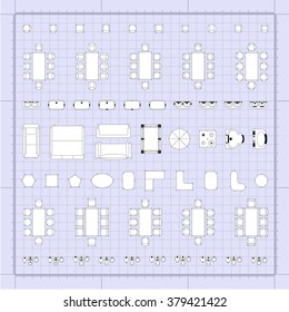 Set of simple flat vector furniture icons on blueprint technical grid background