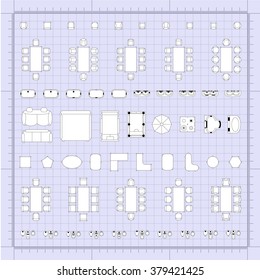 Set of simple flat vector furniture icons on blueprint technical grid background