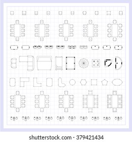 Set of simple flat vector furniture icons on blueprint technical grid background
