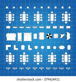 Set of simple flat vector furniture icons on blueprint technical grid background