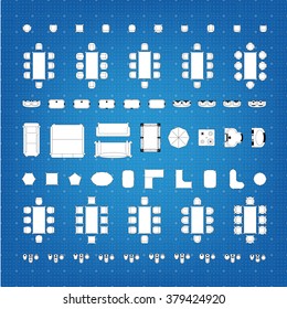 Set of simple flat vector furniture icons on blueprint technical grid background
