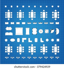 Set of simple flat vector furniture icons on blueprint technical grid background