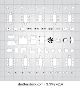 Set of simple flat vector furniture icons on blueprint technical grid background