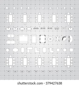 Set of simple flat vector furniture icons on blueprint technical grid background