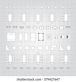 Set of simple flat vector furniture icons on blueprint technical grid background