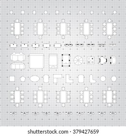 Set of simple flat vector furniture icons on blueprint technical grid background