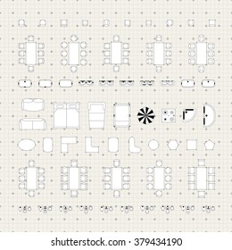 Set of simple flat vector furniture icons on blueprint technical grid background