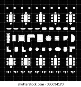 Set of simple flat vector furniture icons on blueprint technical grid background