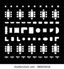 Set of simple flat vector furniture icons on blueprint technical grid background