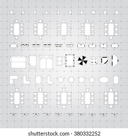 Set of simple flat vector furniture icons on blueprint technical grid background