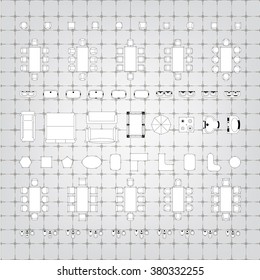 Set of simple flat vector furniture icons on blueprint technical grid background