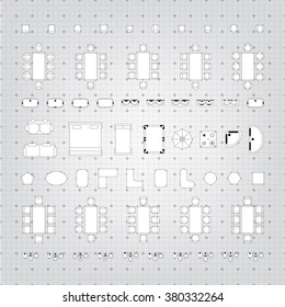 Set of simple flat vector furniture icons on blueprint technical grid background