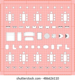 Set of simple flat vector furniture icons on blueprint technical grid background