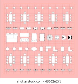 Set of simple flat vector furniture icons on blueprint technical grid background