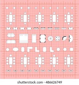 Set of simple flat vector furniture icons on blueprint technical grid background