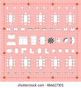 Set of simple flat vector furniture icons on blueprint technical grid background