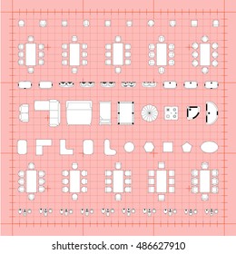 Set of simple flat vector furniture icons on blueprint technical grid background
