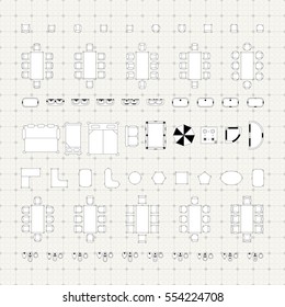 Set of simple flat vector furniture icons on blueprint technical grid background