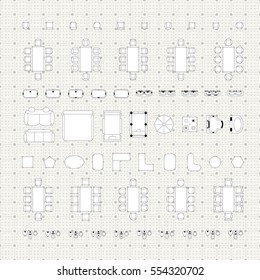 Set of simple flat vector furniture icons on blueprint technical grid background