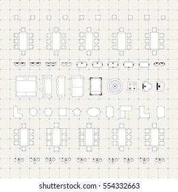 Set of simple flat vector furniture icons on blueprint technical grid background