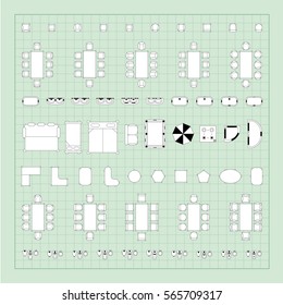 Set of simple flat vector furniture icons on blueprint technical grid background