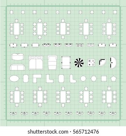 Set of simple flat vector furniture icons on blueprint technical grid background