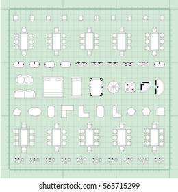 Set of simple flat vector furniture icons on blueprint technical grid background