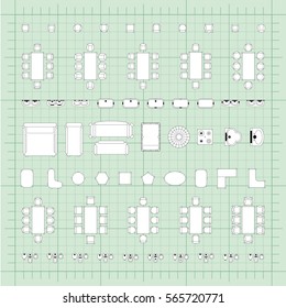 Set of simple flat vector furniture icons on blueprint technical grid background