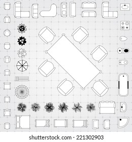 Set Of Simple Flat Vector Icons Furniture For Floor Plan Outline. Editable EPS10 Vector Illustration