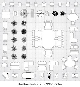 Set Of Simple Flat Vector Icons Furniture For Floor Plan Outline. Editable EPS10 Vector Illustration