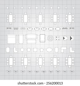 Set of simple flat vector icons furniture for floor plan outline on blueprint technical grid background. Editable EPS10 vector illustration