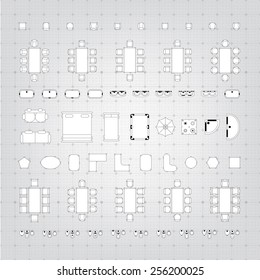 Set of simple flat vector icons furniture for floor plan outline on blueprint technical grid background. Editable EPS10 vector illustration