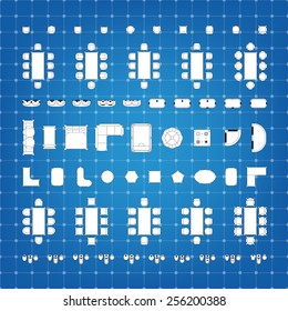 Set of simple flat vector icons furniture for floor plan outline on blueprint technical grid background. Editable EPS10 vector illustration